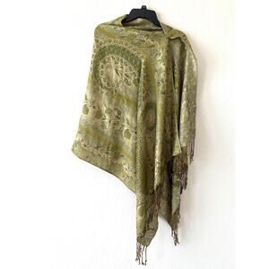 Lime Green Boho Paisley Scarf Wrap Shawl Metallic Threads Fringed 72" x 28”